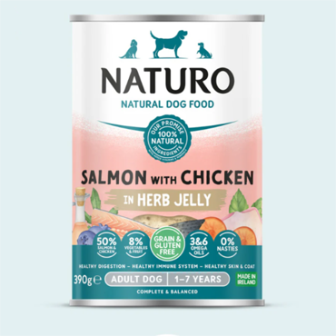 Naturo ΥΓΡΗ ΤΡΟΦΗ ΣΚΥΛΟΥ Grain Free με Σολομό, Κοτόπουλο, Λαχανικά και Φρούτα 390gr